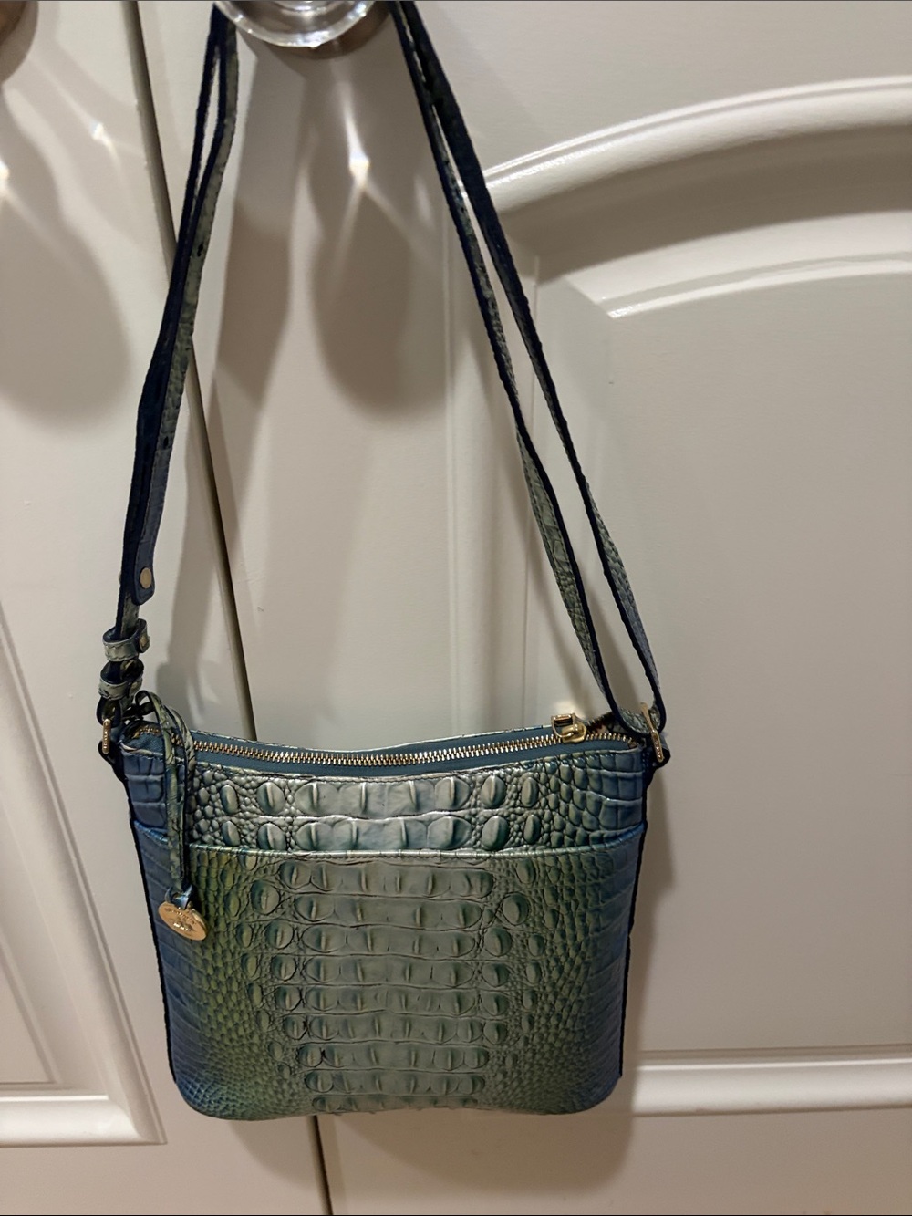 Brahmin Croc-Embossed Leather Crossbody in Green and Blue